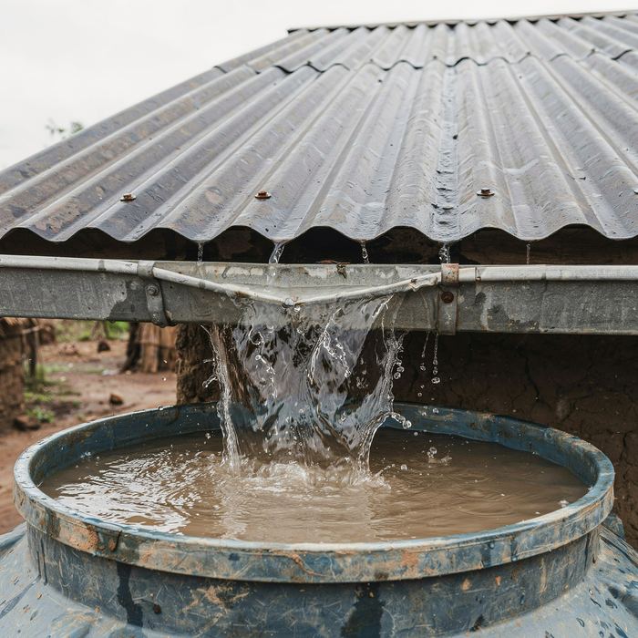 Rainwater running off a roof into a tank